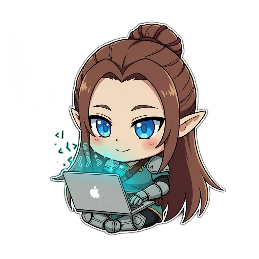 Nesti, the GuildNest mascot, sitting at a laptop typing
